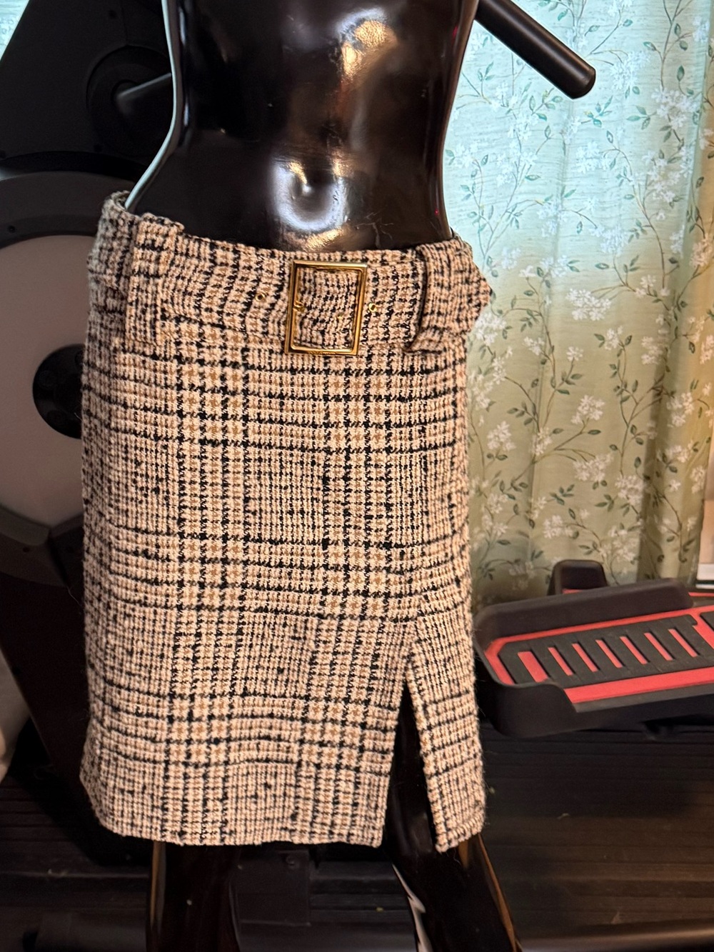 Dolce & Gabbana Black & Cream Tweed Plaid Belted Pencil Skirt